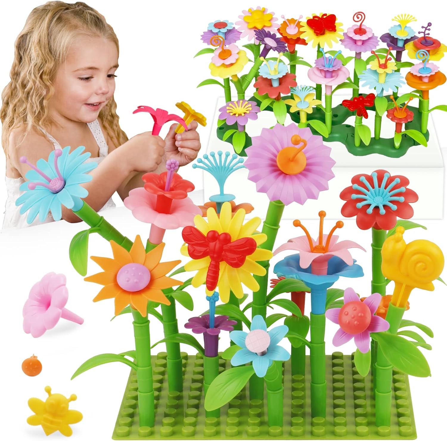 IQKidz Flower Garden Building Toy set pieces laid out on a table