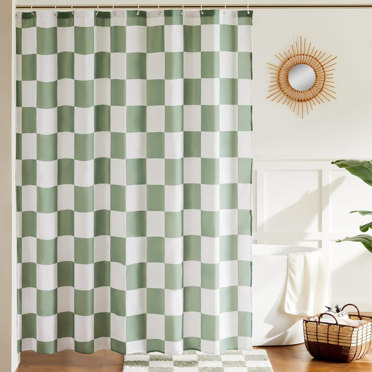 Ohocut checkered shower curtain front view featuring a retro sage green and white checkerboard pattern.