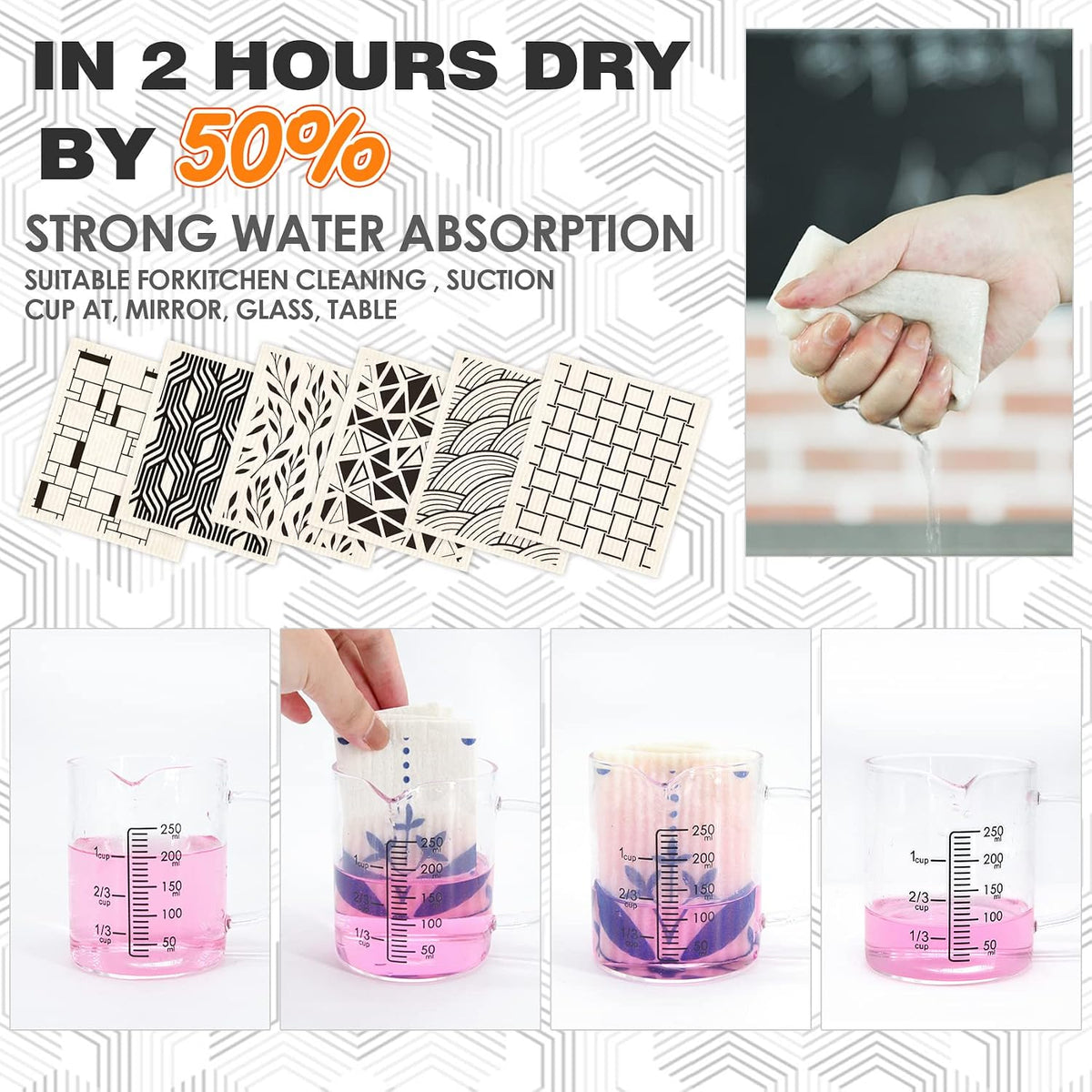 Reusable kitchen dish rags absorbing liquid demonstration