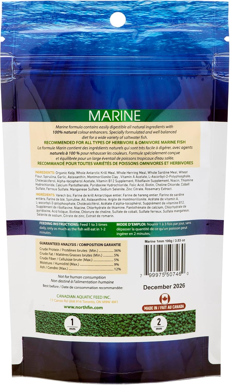 Northfin marine formula slow sinking pellets nutrition details label