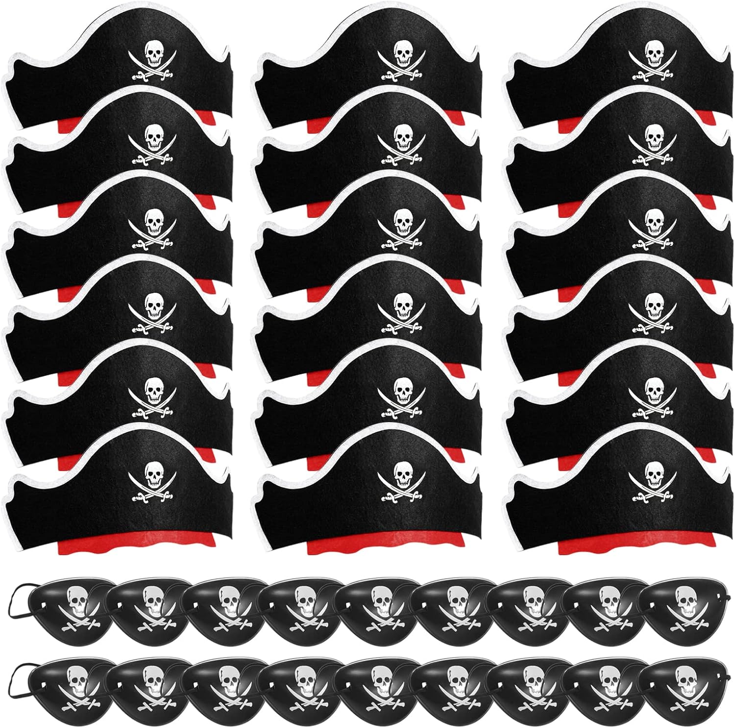 Legigo 36 Pieces Pirate Hat and Eye Mask set displayed from the front showing the skull print design