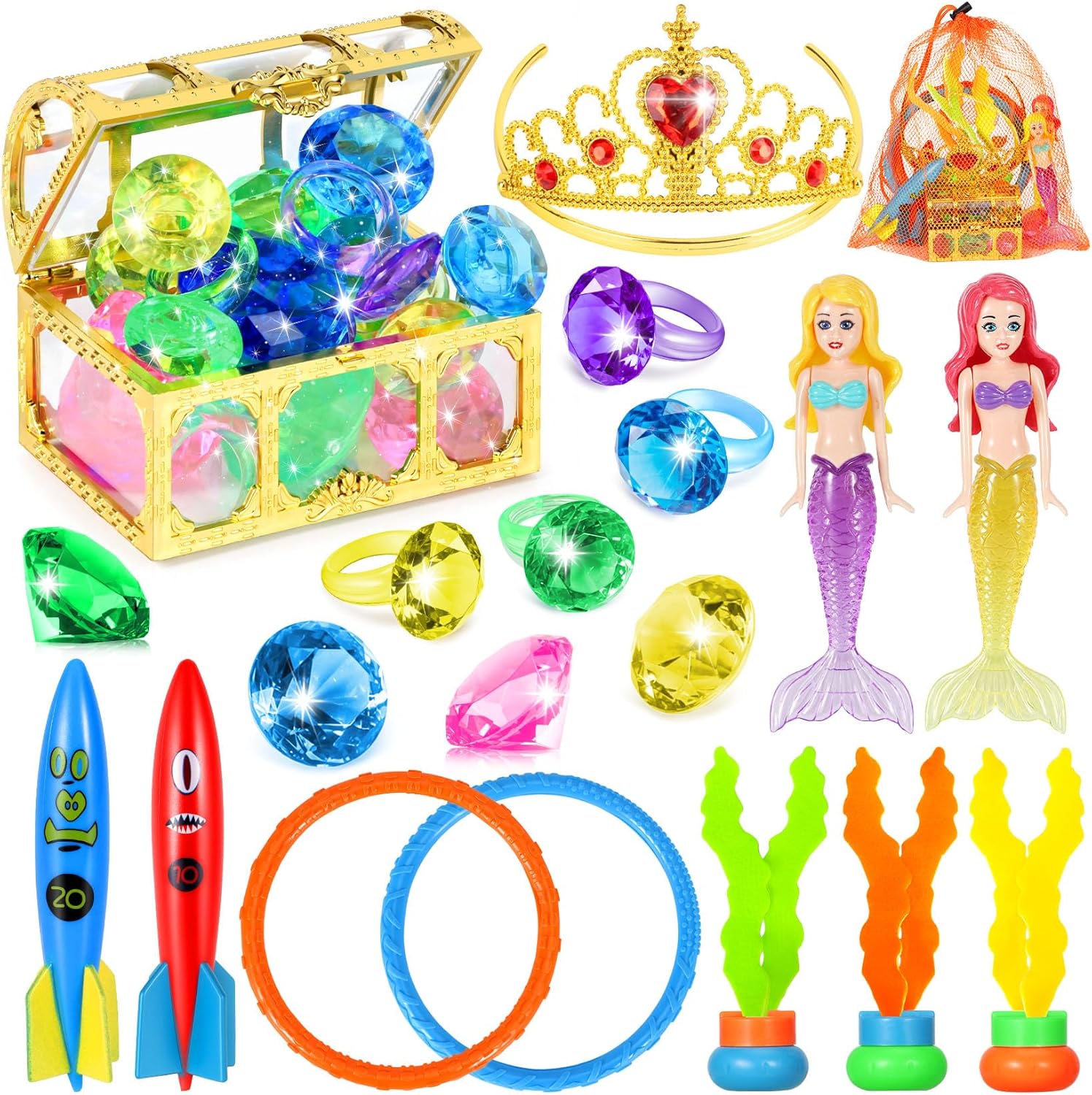 VGOFUN mermaid diving pool toys set front view featuring golden treasure chest and colorful gems