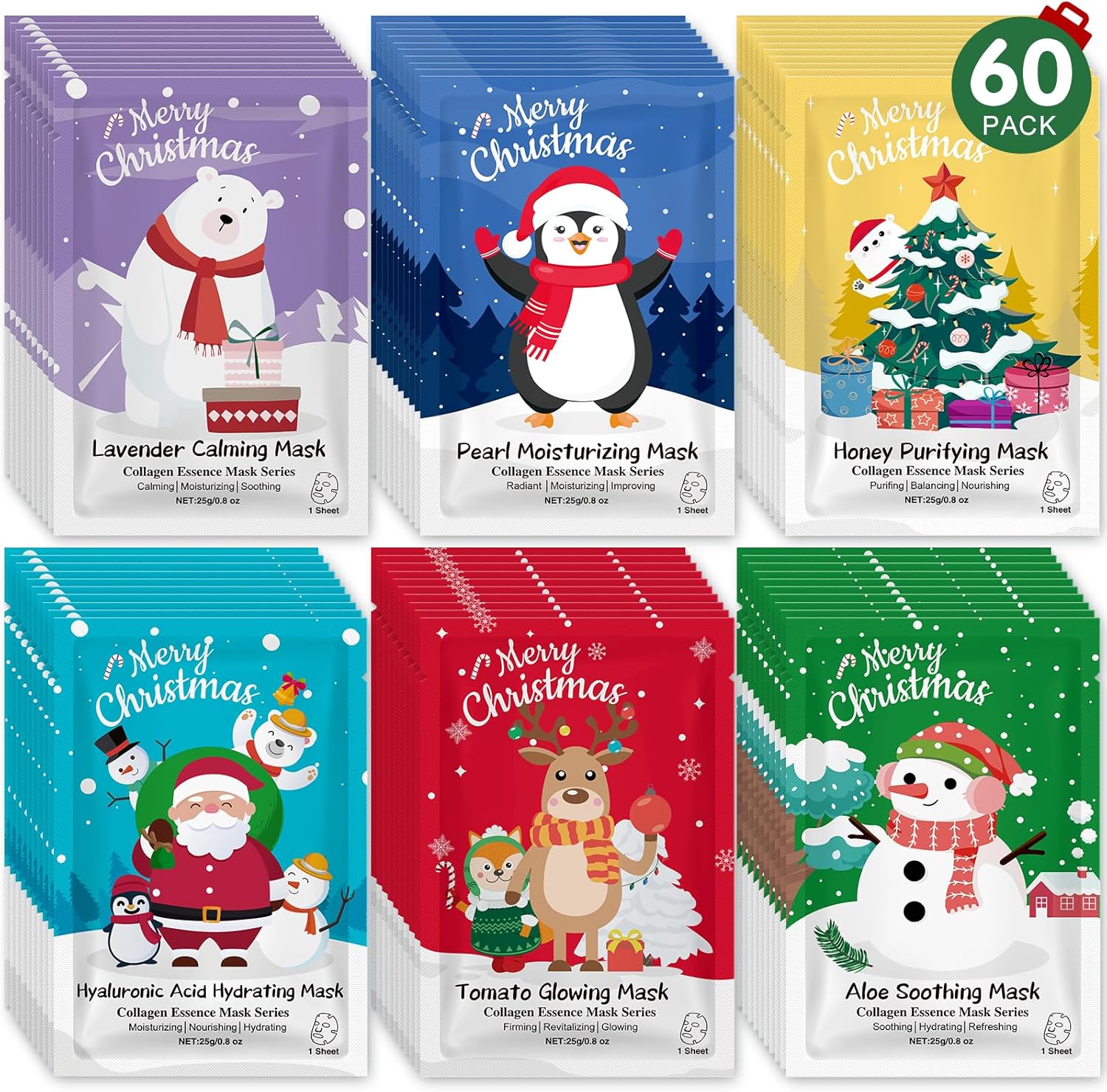 KONEUK 60 Pack Christmas Face Masks Skincare for Christmas Gift, Bulk Sheet Hydrating & Soothing Facial Masks Set for Skin Care, Stocking Stuffers for Women - Image 1
