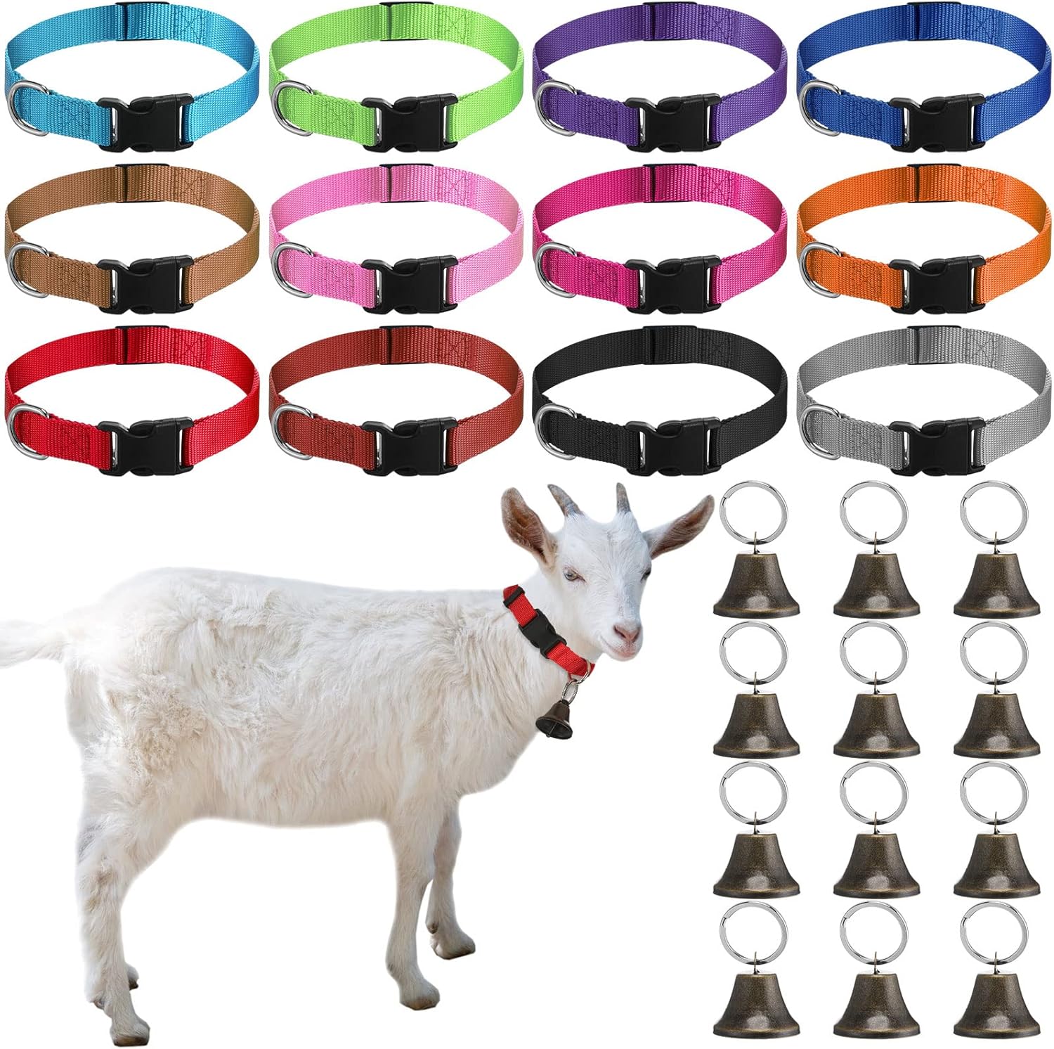 Jexine goat collars with bells twelve pack front view showing multiple bright colors.