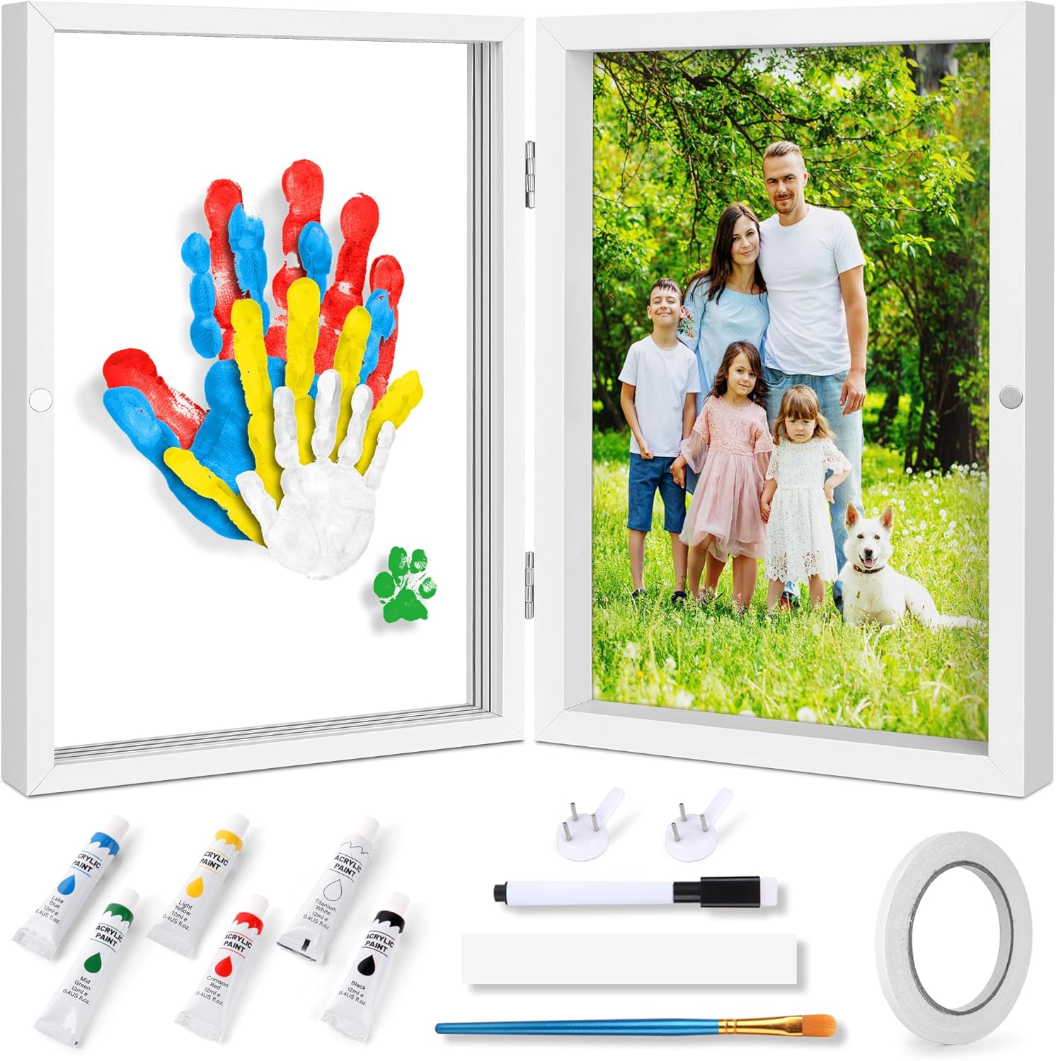 Omrhvi Family Handprint Kit front view showcasing the dual wooden frame with family photos and colorful handprints.