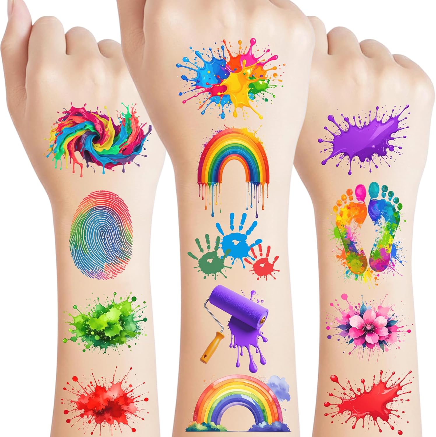 Frawharmone painting temporary tattoos front view showing colorful paint splatter designs for kids party decorations.