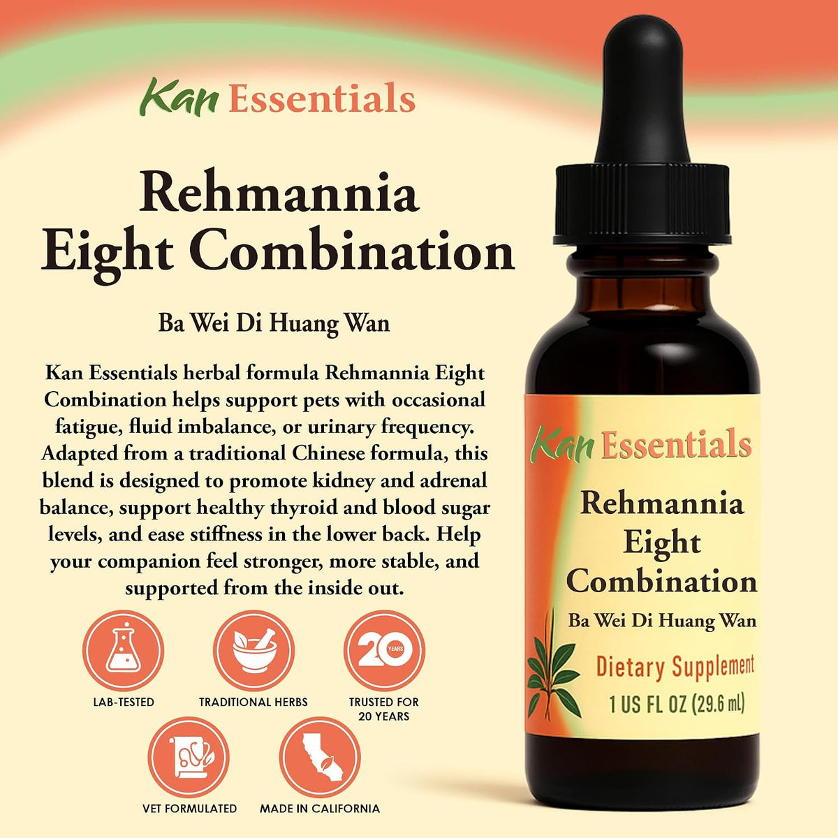 Kan Herbs Rehmannia Eight Combination one fluid ounce bottle packaging details