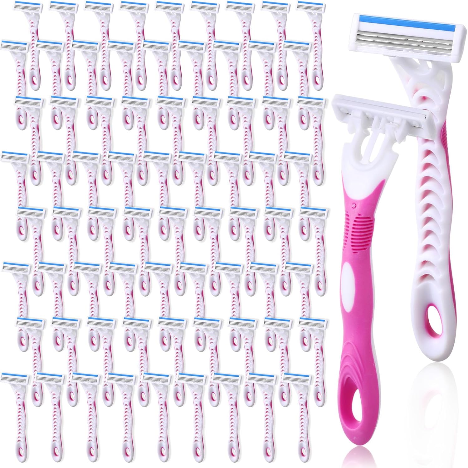 Leriton women's disposable razors 72 count front view showing pink and white 3 blade handles