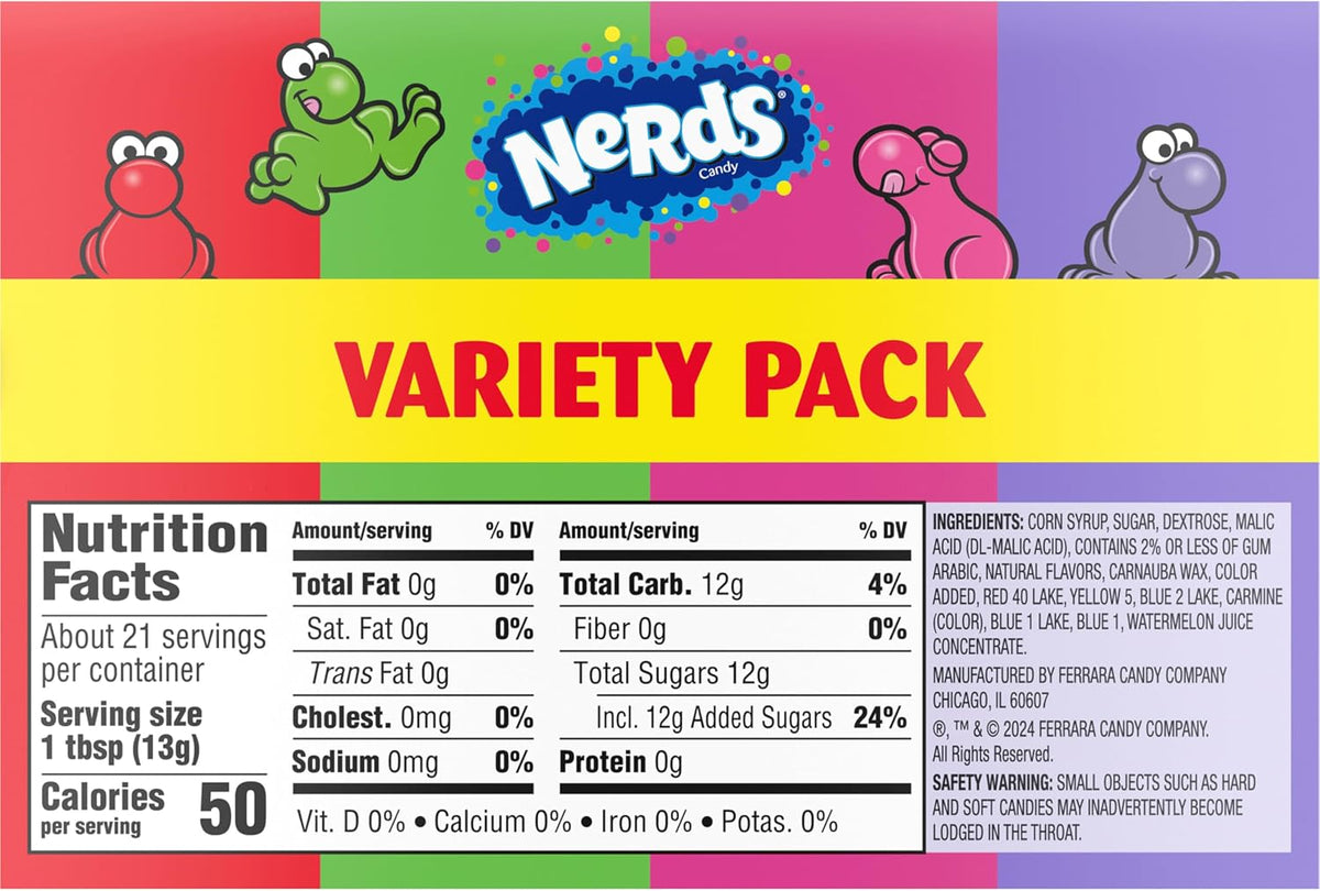 A bowl filled with assorted Grape, Strawberry, Watermelon and Cherry Nerds.