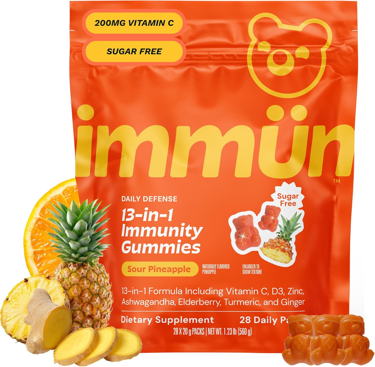 Grns Immun Sugar Free Immunity Gummies with Vitamin C, Zinc, MCT Oil, & Turmeric - Daily Immune Support Supplement for Adults - Sour Pineapple Flavor (28 Count) - Image 1