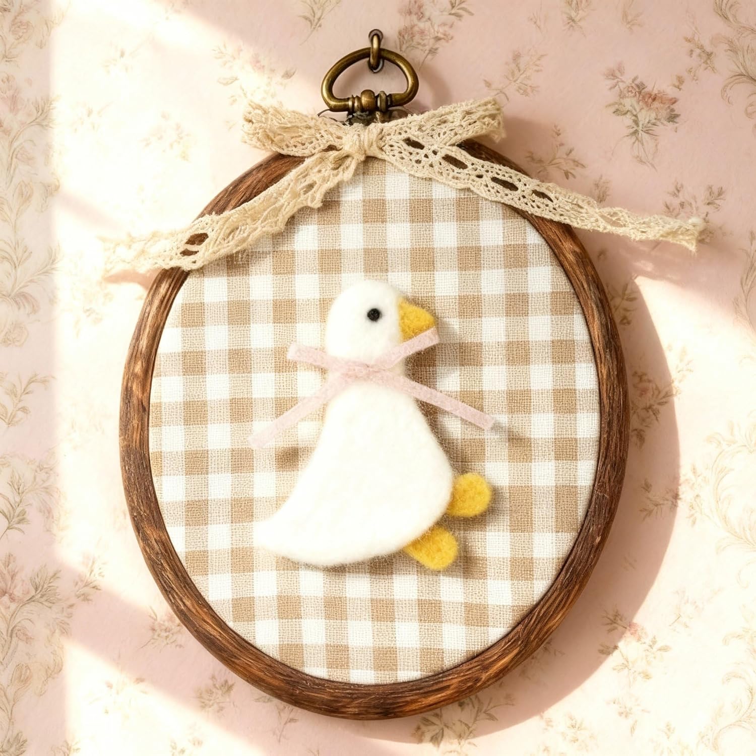 Soulchen felted goose nursery wall decor front view featuring white needle felt animal art