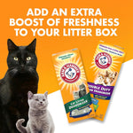 Arm & Hammer cat litter deodorizer powder being sprinkled into a clean litter box.