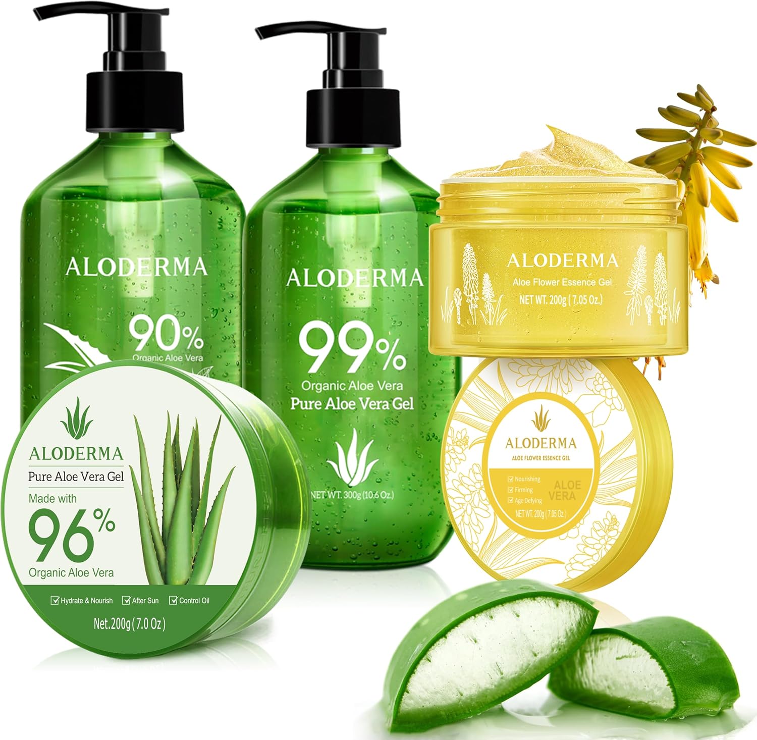 Aloderma brand 4 pack aloe vera gel set with tea tree oil and flower essence