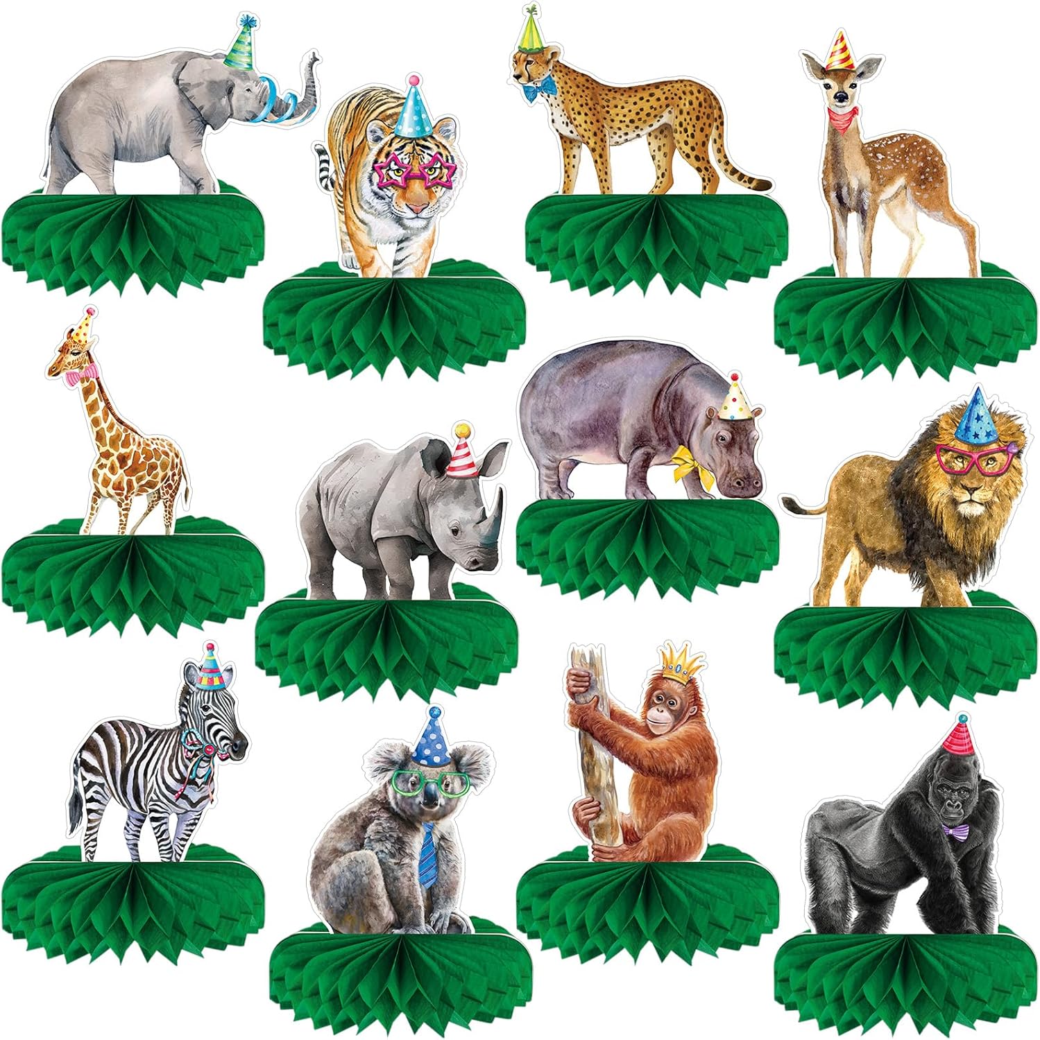 Yeaqee jungle animals honeycomb centerpieces set front view