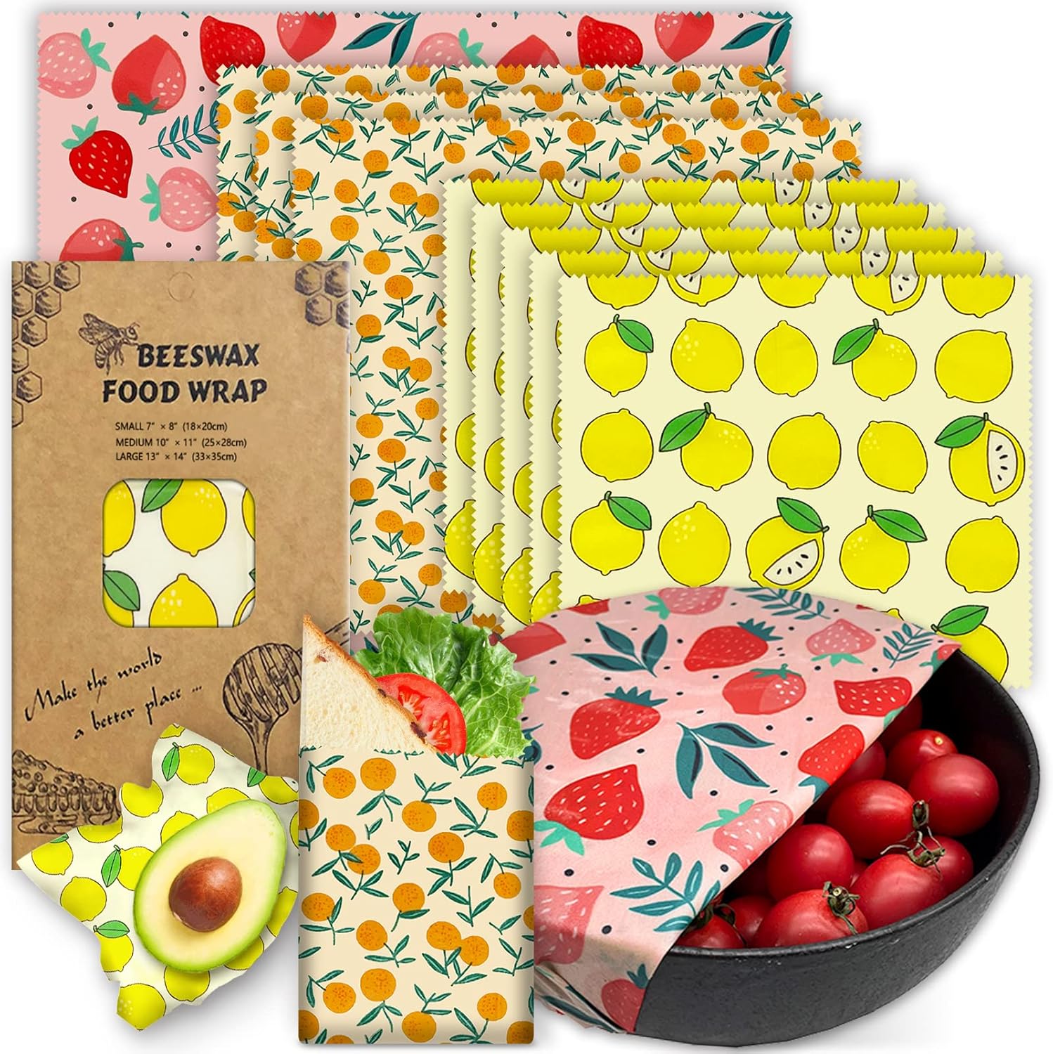 PICcircuit Reusable Beeswax Wrap 9 Pack front view showing organic food storage patterns.