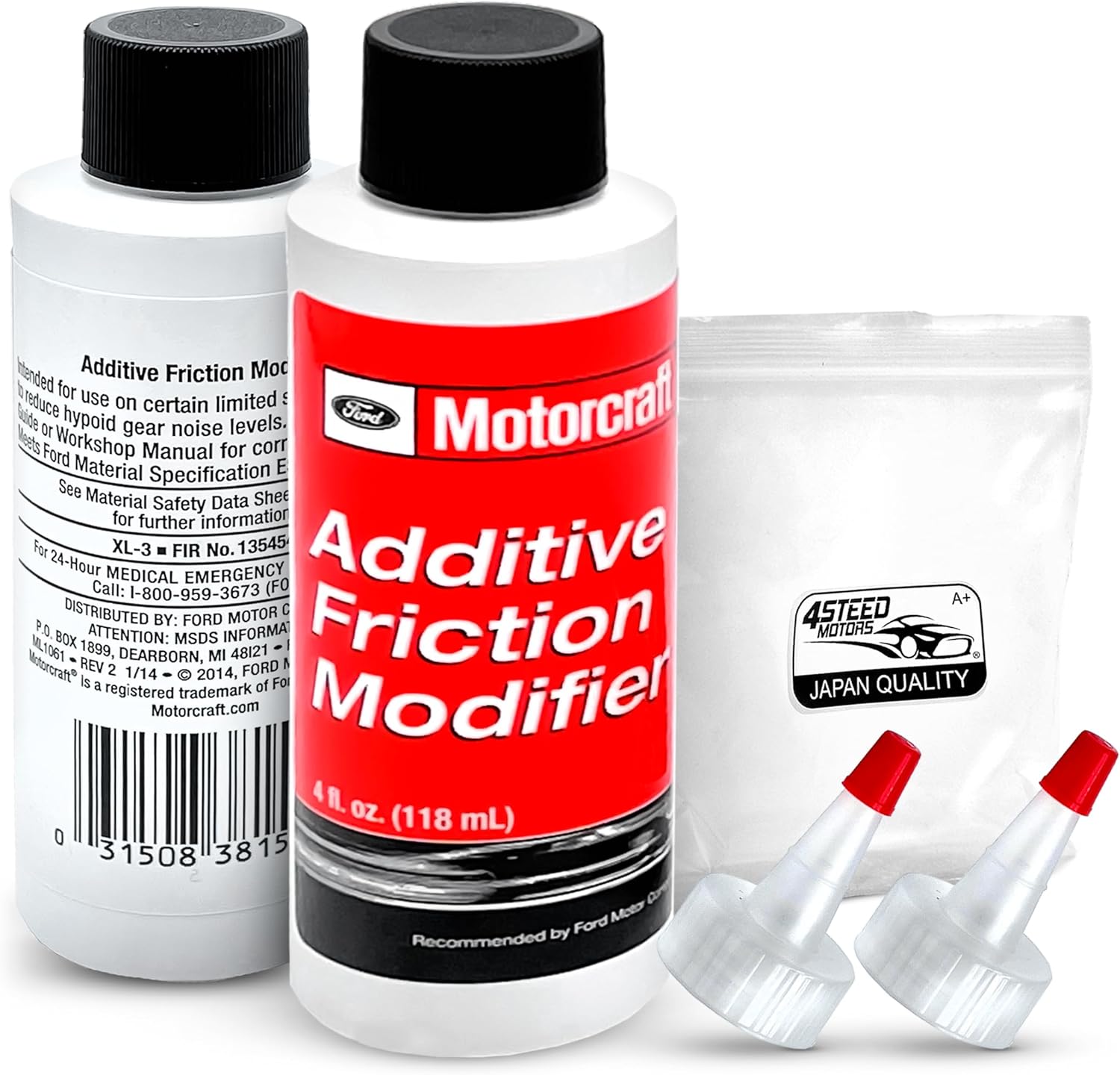 Motorcraft 4STEED MOTORS bundle front view showing two genuine XL3 friction modifier additive bottles with pour funnels for automotive differential maintenance