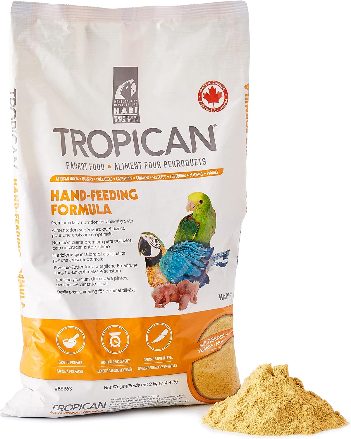 Hari bird food packaging highlighting hand feeding formula benefits