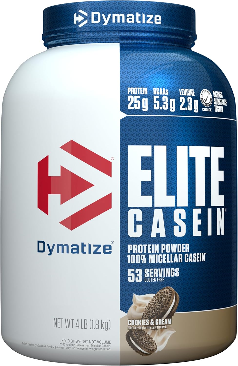 Dymatize Elite Casein Cookies and Cream front view 4 lb tub