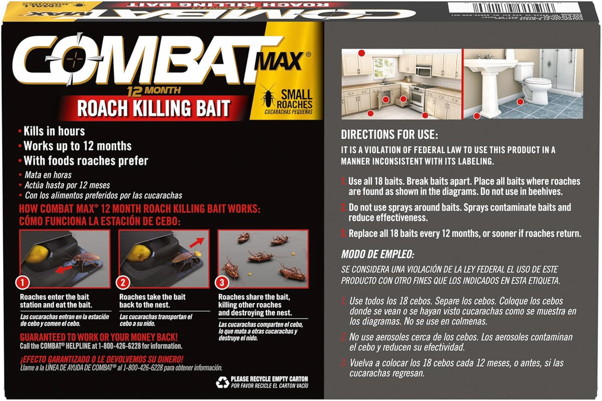 Combat roach killer packaging showing small roaches target