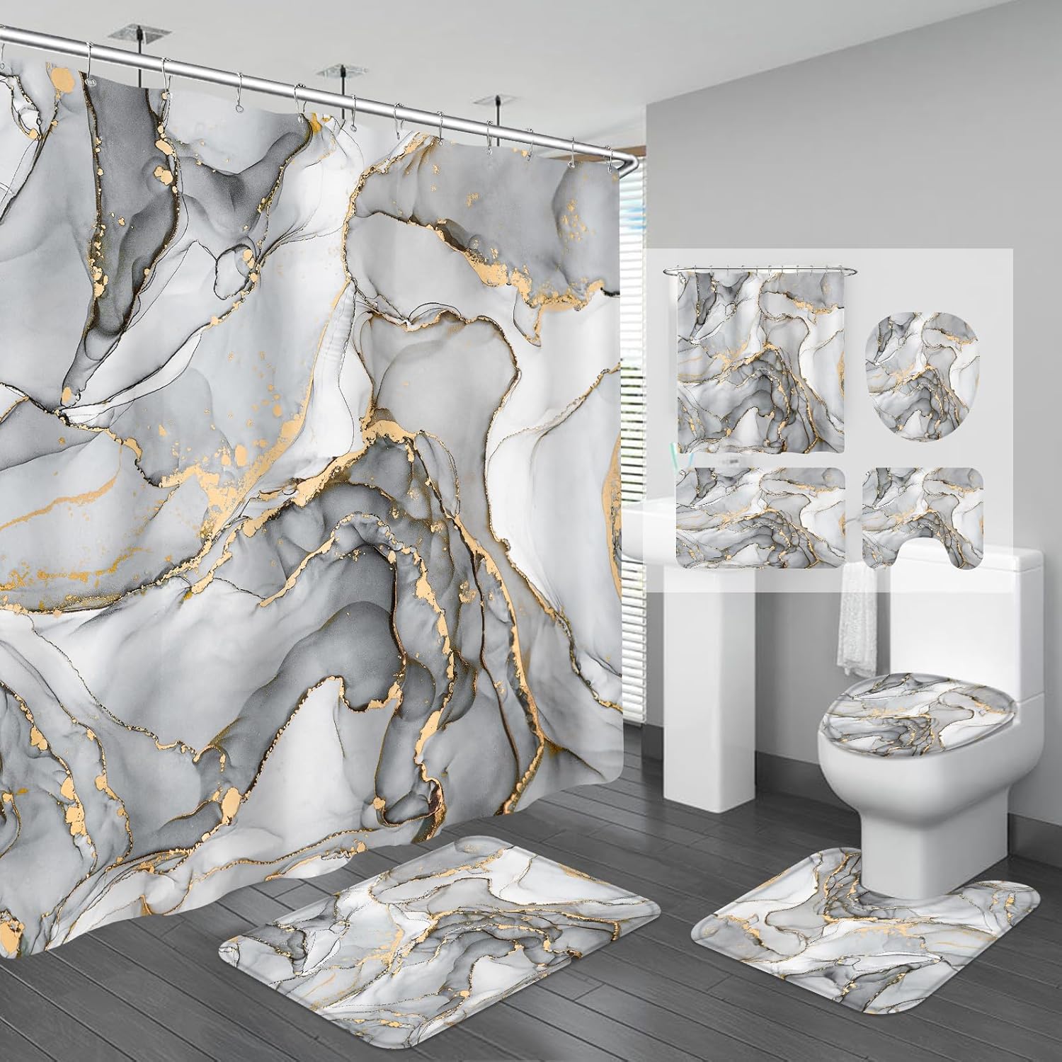 BayNook grey marble 4 piece bathroom set front view showing abstract shower curtain and matching floor mats.