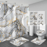 BayNook grey marble 4 piece bathroom set front view showing abstract shower curtain and matching floor mats.