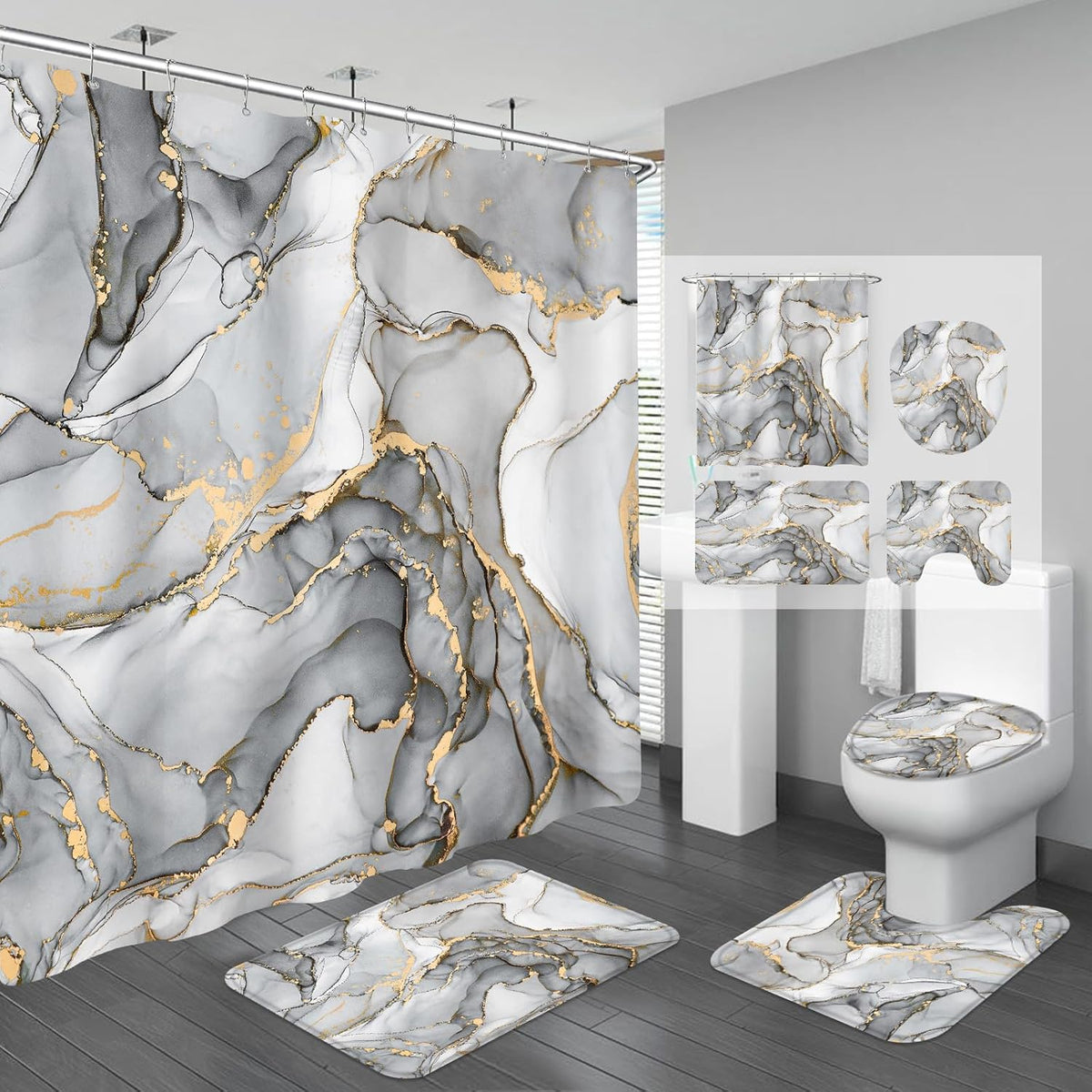 BayNook grey marble 4 piece bathroom set front view showing abstract shower curtain and matching floor mats.