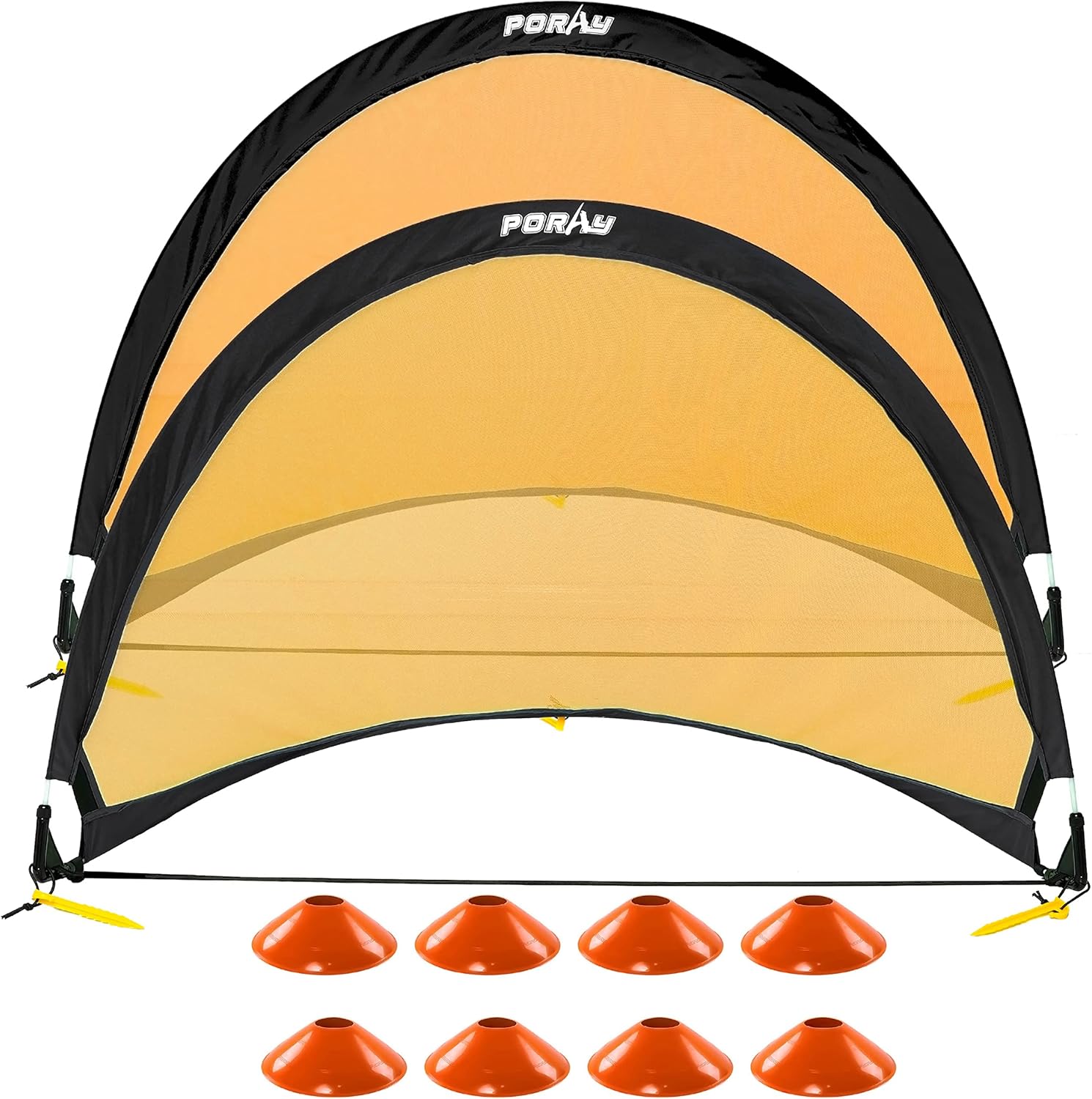 Porayhut pop up soccer goal for kids front view shown set up on grass with orange marker cones