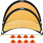 Porayhut pop up soccer goal for kids front view shown set up on grass with orange marker cones