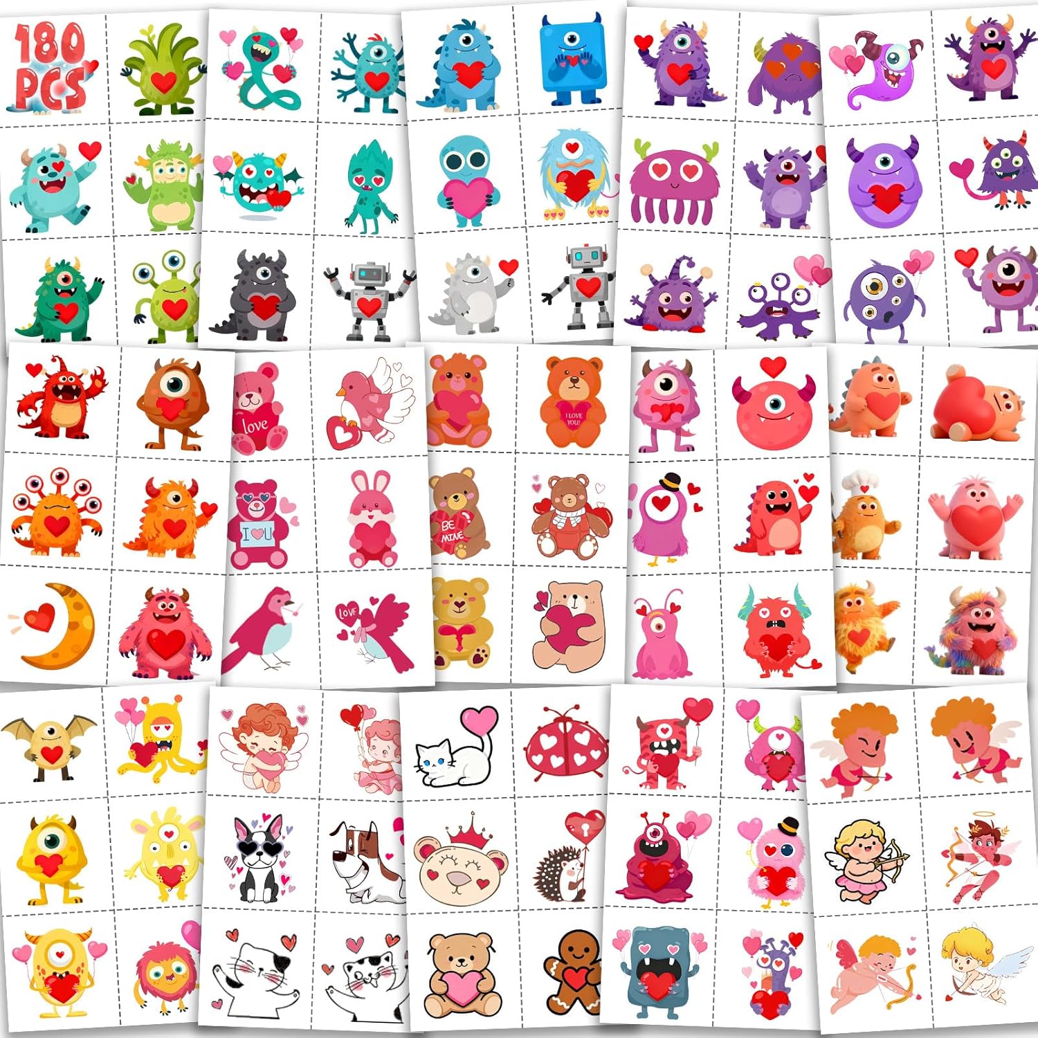 180Pcs Valentines-Day Tattoos for Kids - Galentine Monster Tattoos Pre-Cut Individually Wrapped Temporary Tattoo Stickers Goodies Bags Stuffers Gifts for School Class Classroom Exchange Favors - Image 1