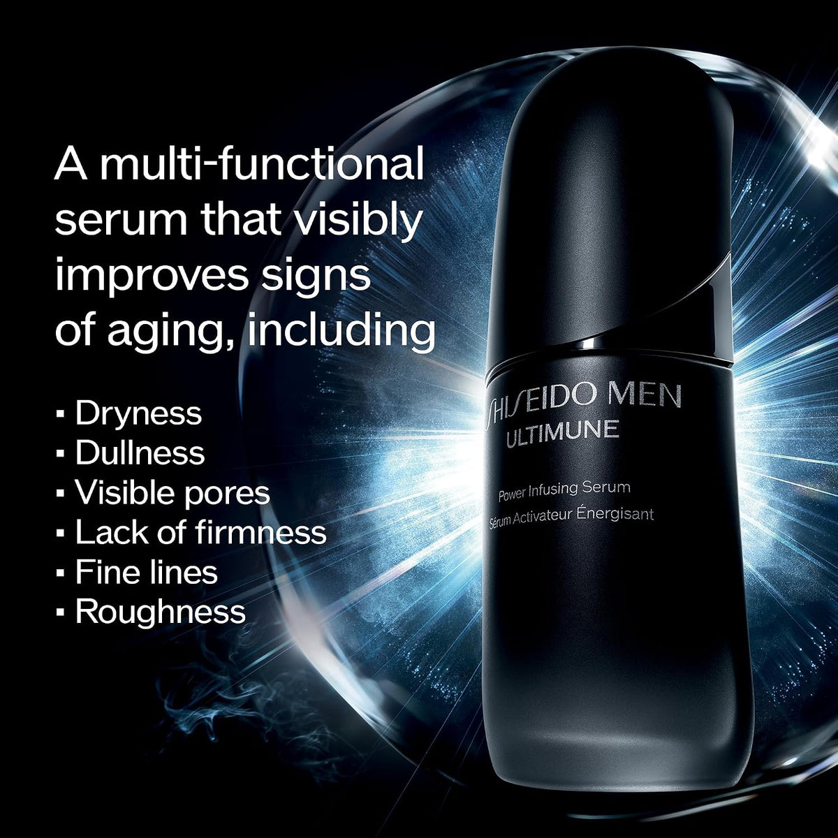 Shiseido Men Ultimune serum black gradient bottle with pump dispenser luxury grooming product