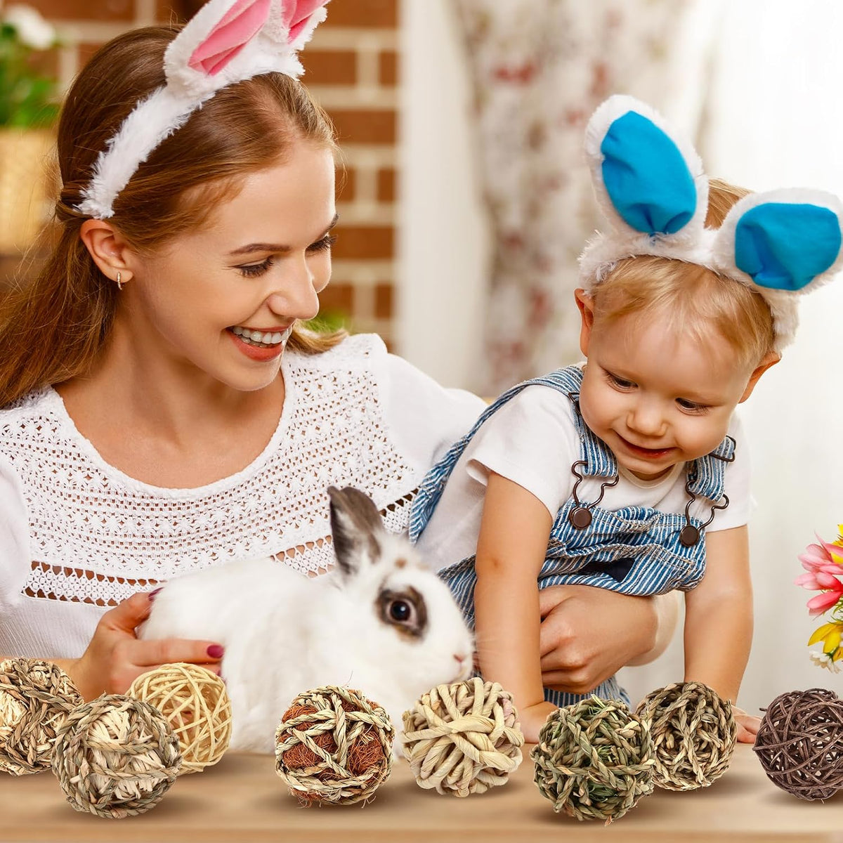Eight unique pieces of natural fiber pet toys spread out on display