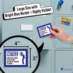 Close up view of the 3x4 inch blue and white magnetic sign