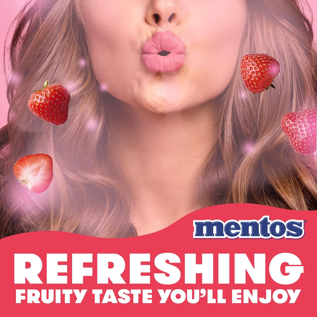Mentos non melting strawberry candy roll open package close up