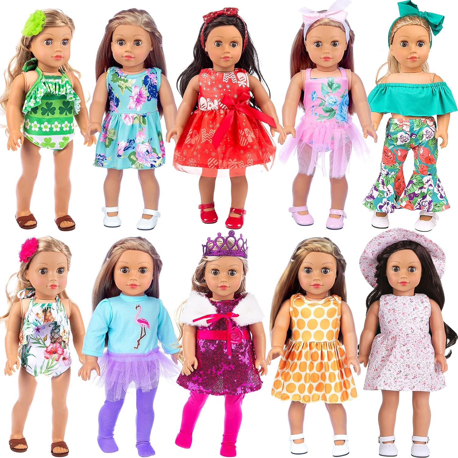ZITA ELEMENT 24 Pcs American Doll Clothes front view showcasing ten complete outfits and colorful accessories.