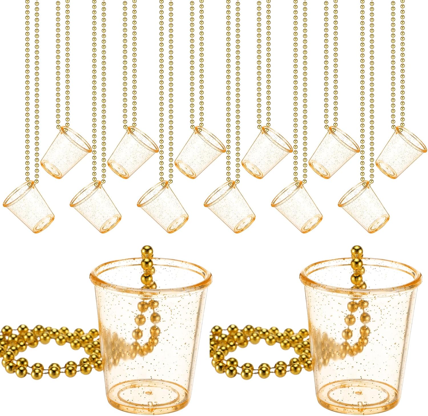 Misdary 12 Piece Shot Glass Necklaces gold clear cups front view party supplies