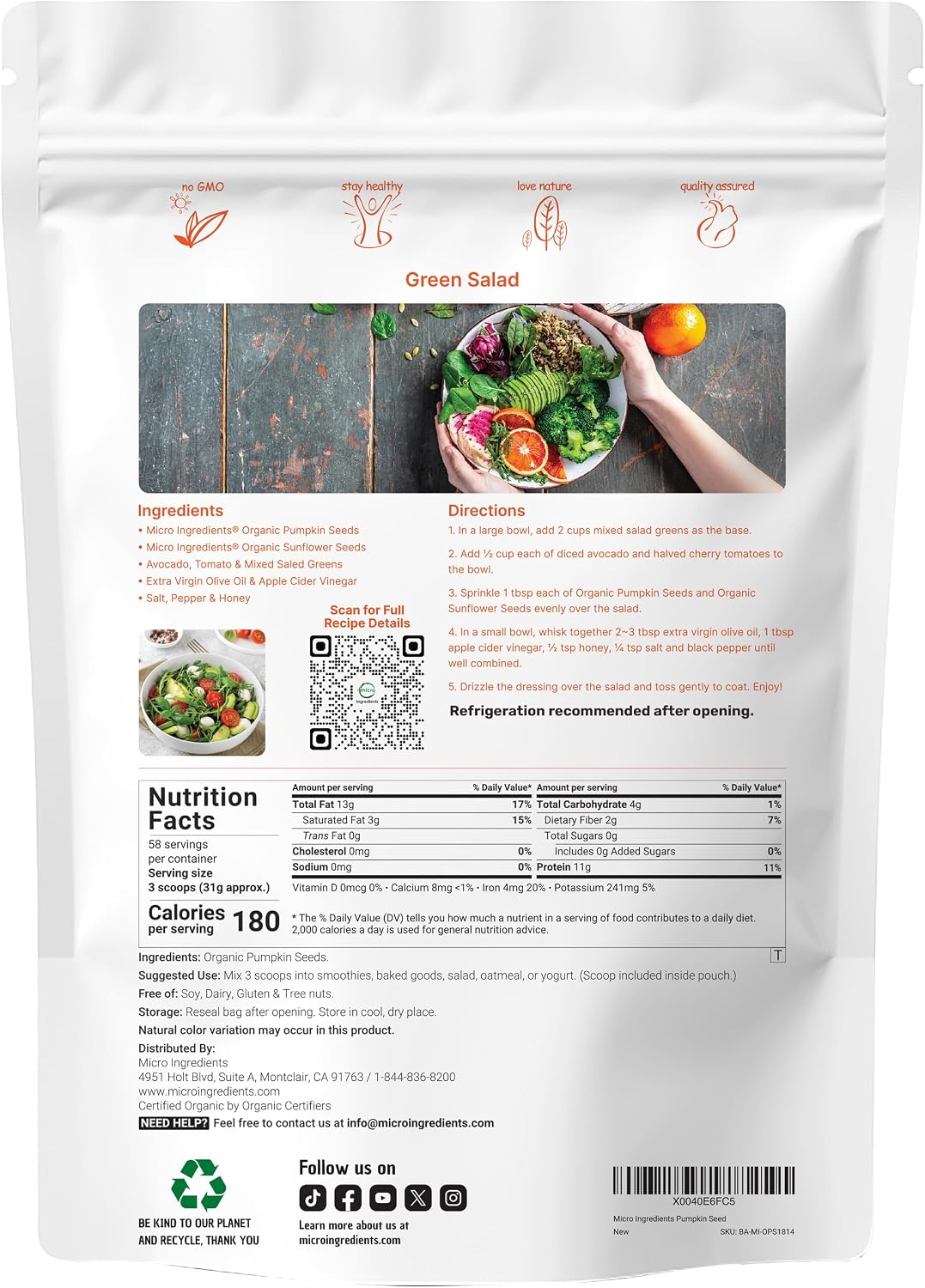 Micro Ingredients raw shelled pepitas nutritional label closeup