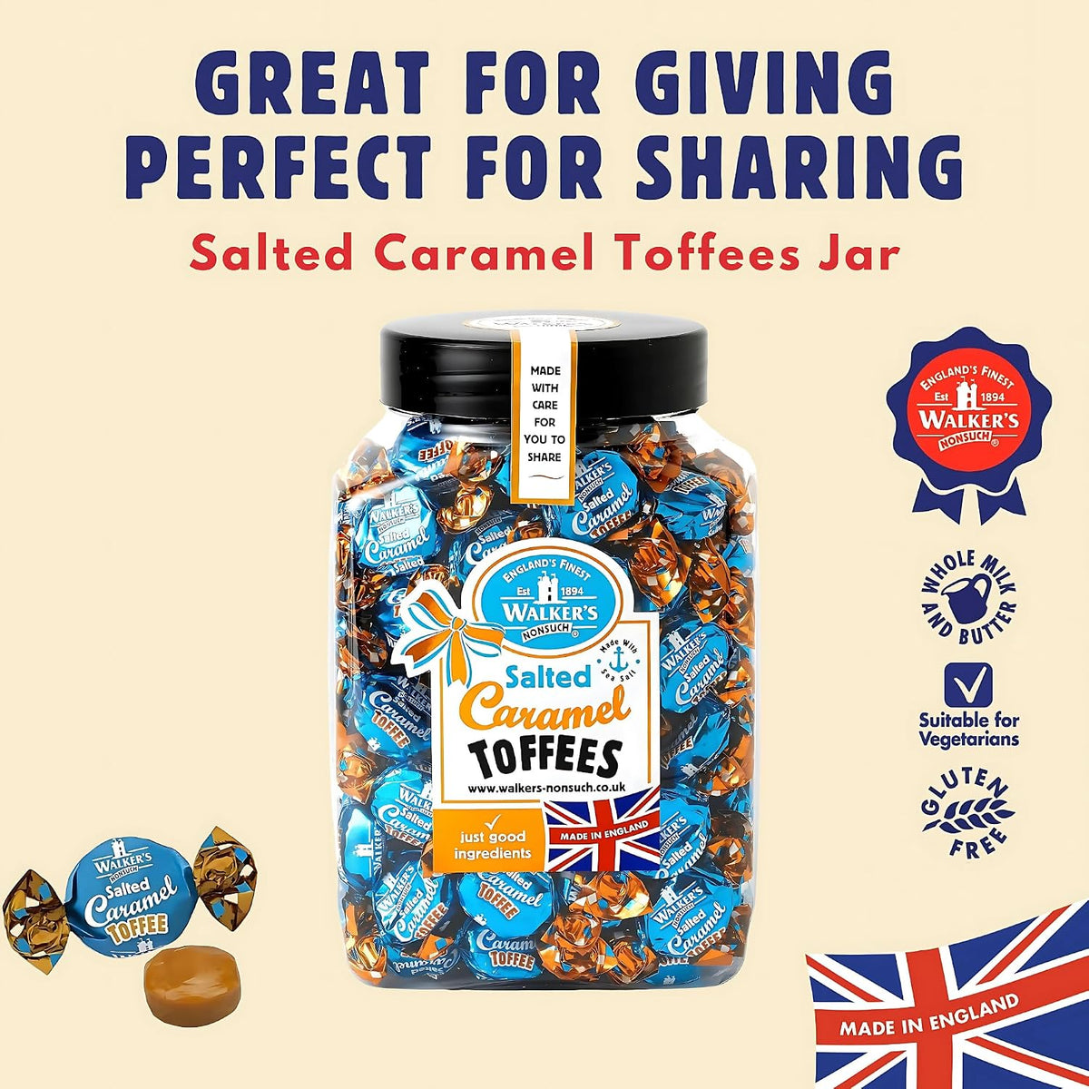 Side angle of the large clear Walkers Nonsuch sweet jar displaying the abundance of premium milk and butter toffees.