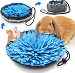 OVMKOV Rabbit Foraging Mat front view showing blue polar fleece folds and carrot patterns