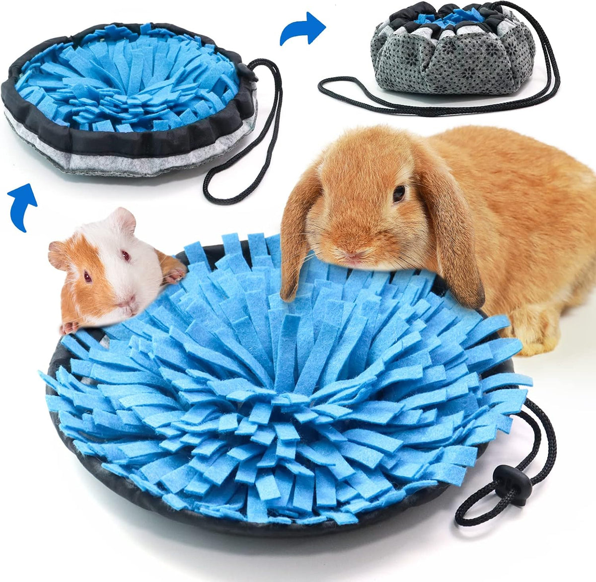 OVMKOV Rabbit Foraging Mat front view showing blue polar fleece folds and carrot patterns