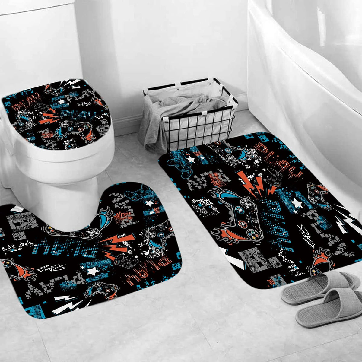 Norbey black and neon gamer shower curtain installed in bathroom