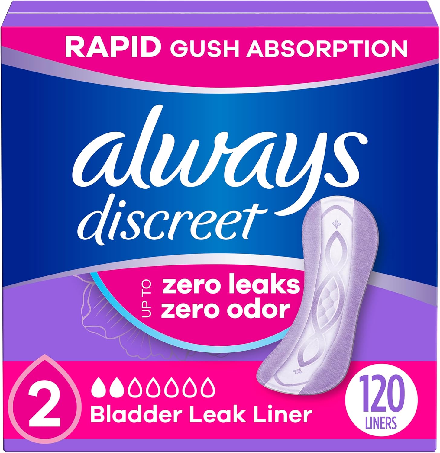 Always Discreet Incontinence Panty Liners front view packaging showing 120 count size 2
