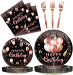 Kepeel 96 piece rose gold birthday party plates set front view