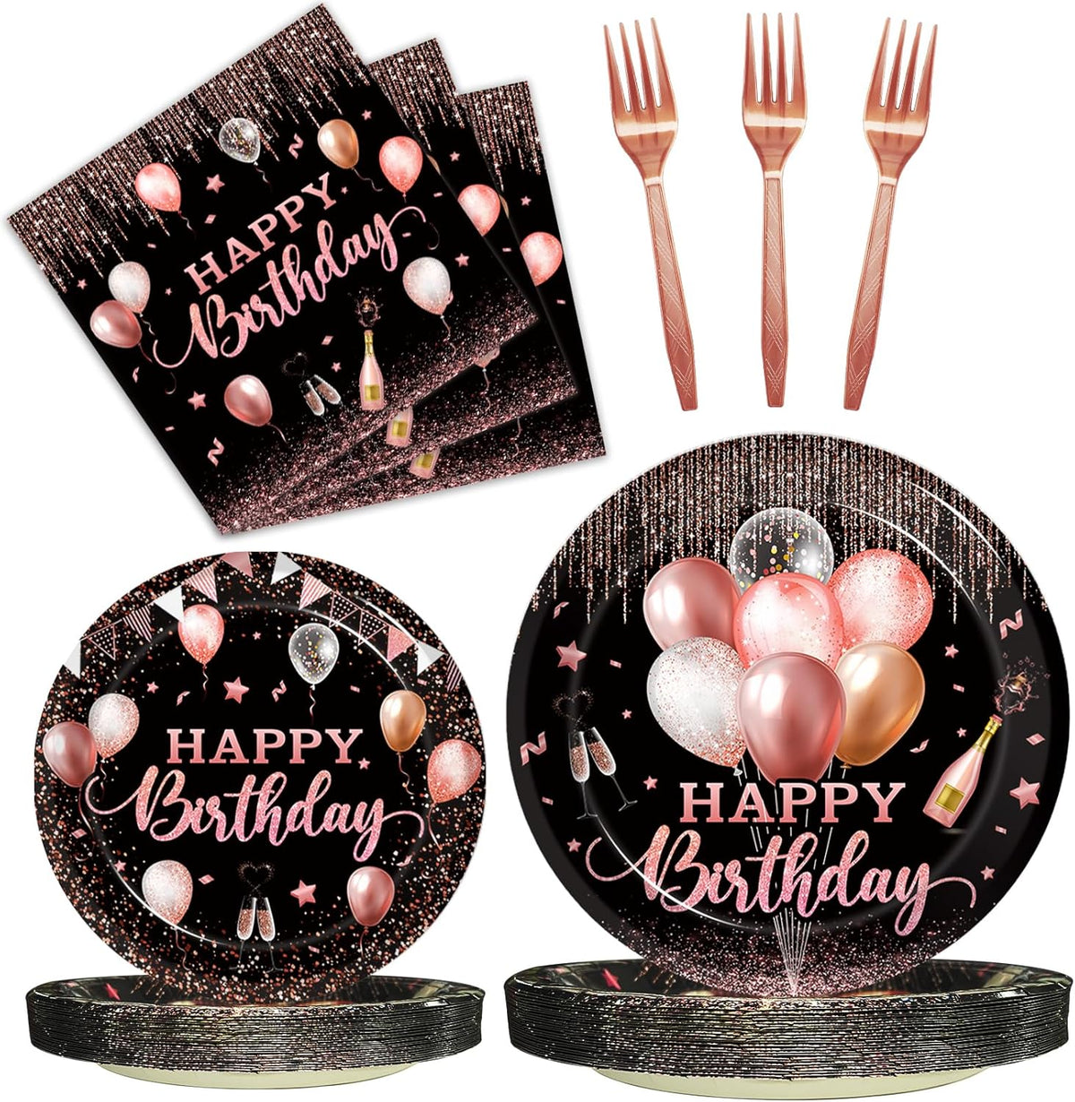 Kepeel 96 piece rose gold birthday party plates set front view