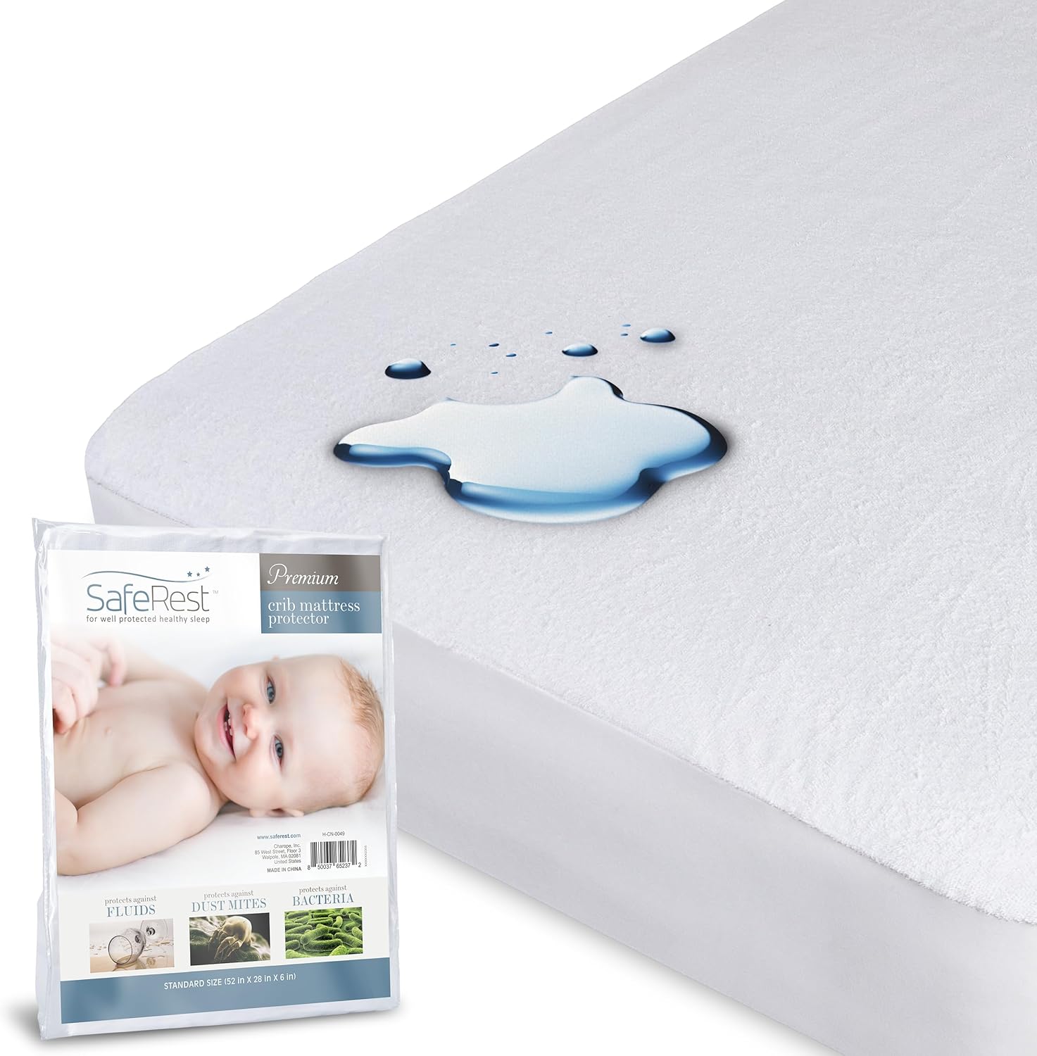 SafeRest Waterproof Crib Size Mattress Protector front packaging view showcasing the authentic white cotton surface.