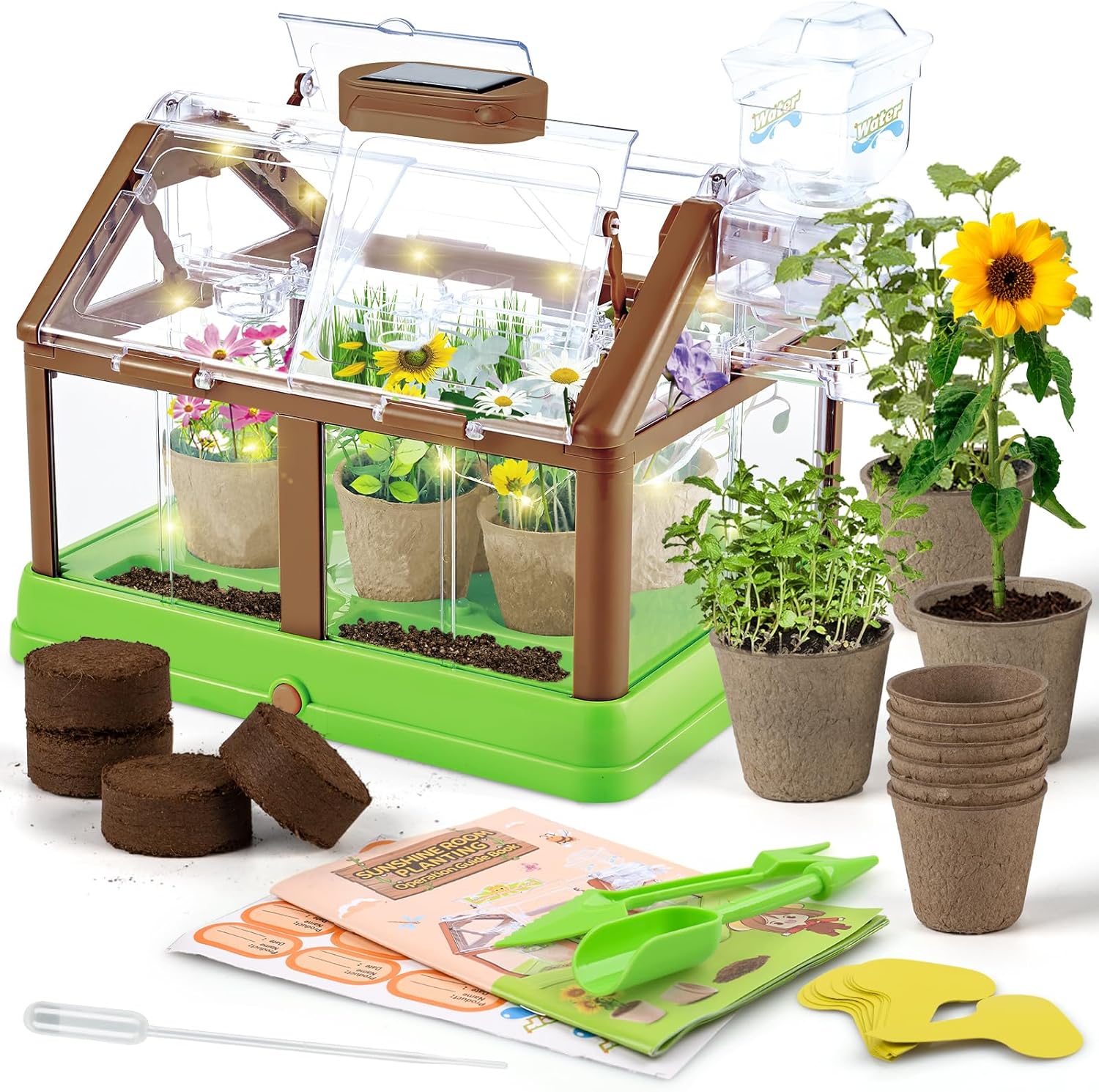 DUYOYU kids plant growing kit front view showing the solar greenhouse and automated irrigation system.