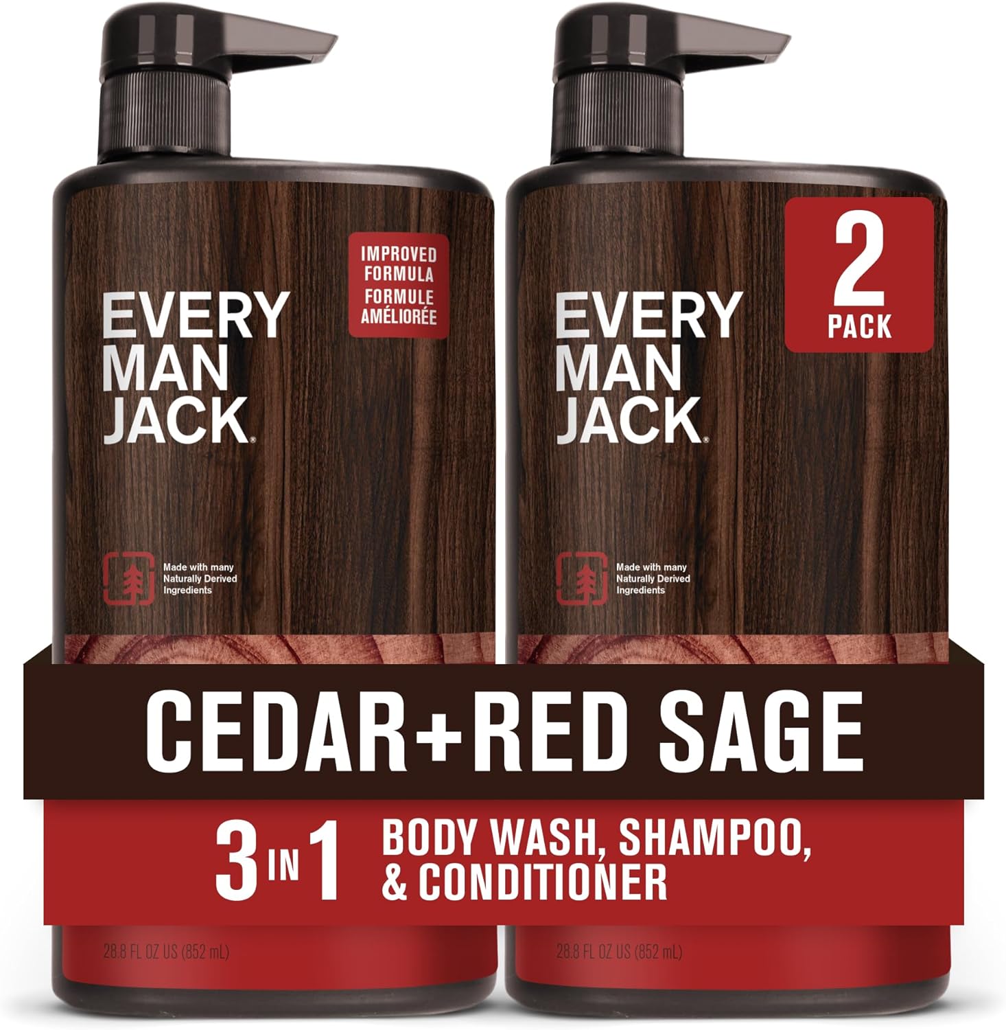 Every Man Jack Cedar and Red Sage 3-in-1 All Over Wash front view twin pack for premium mens grooming.