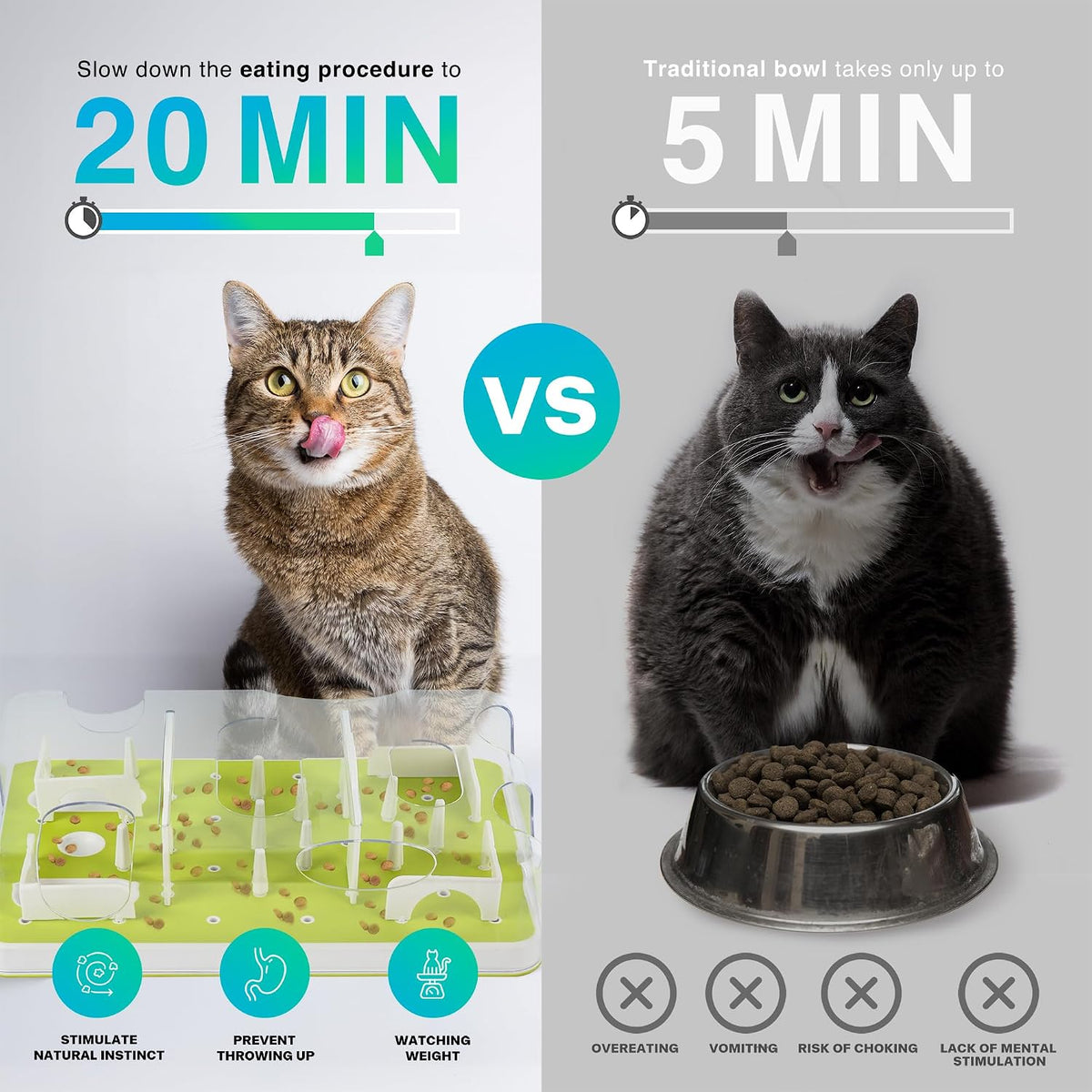 All For Paws slow feeder cat enrichment toy with kibble inside the puzzle modules