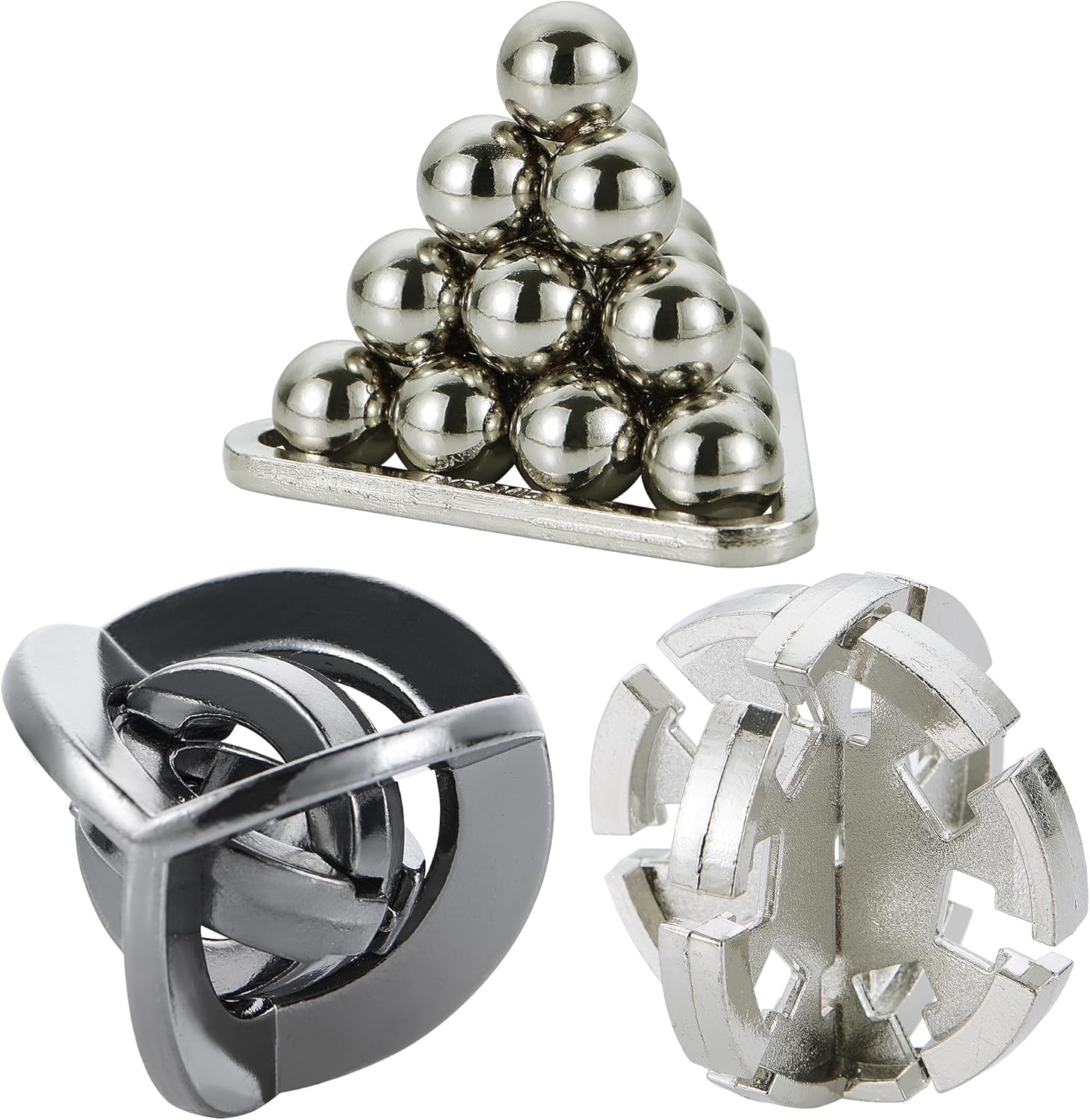 Bling Musae metal brain teaser puzzles three piece kit front view displaying interlocking alloy pieces