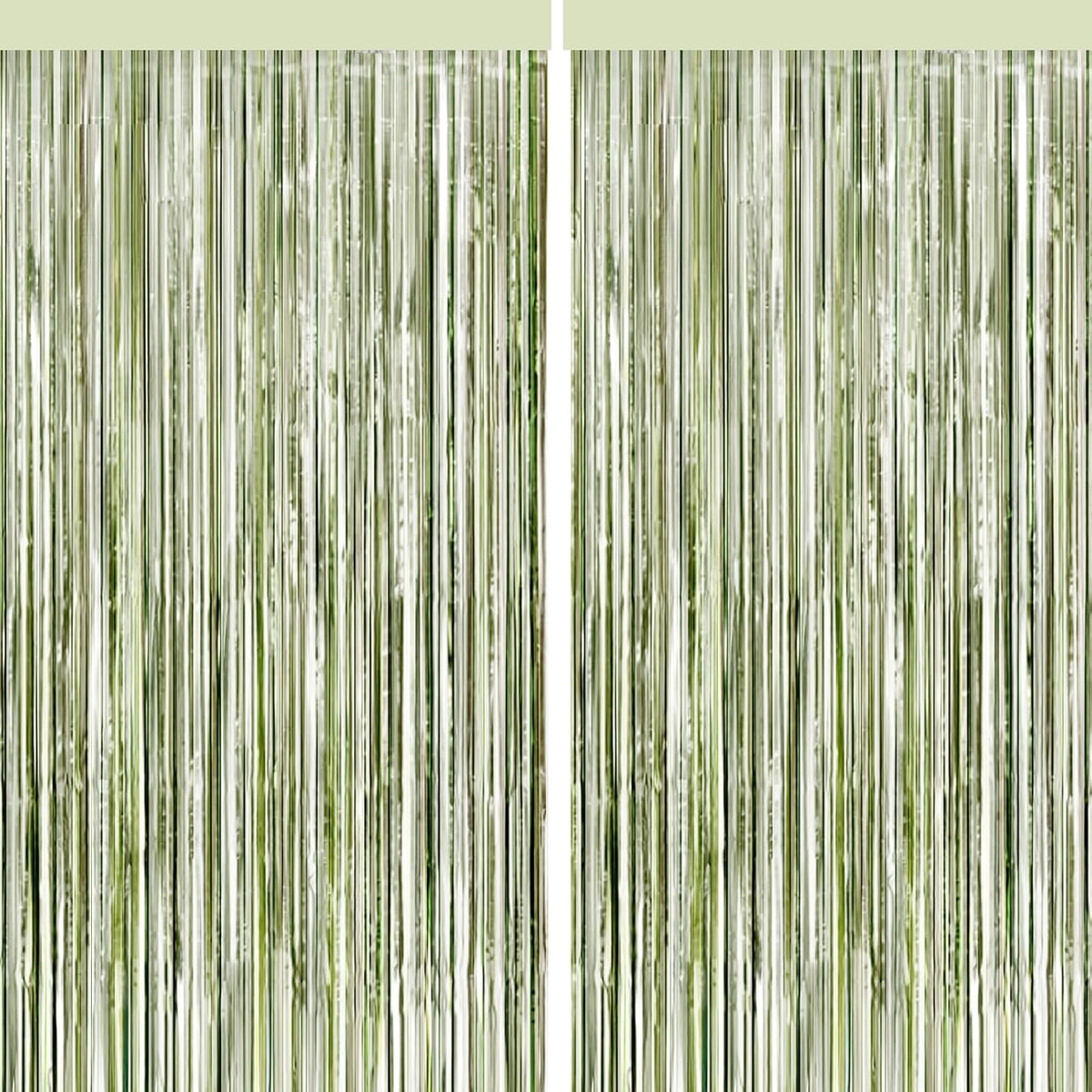 BSRESIN sage green foil fringe curtain four pack front view backdrop