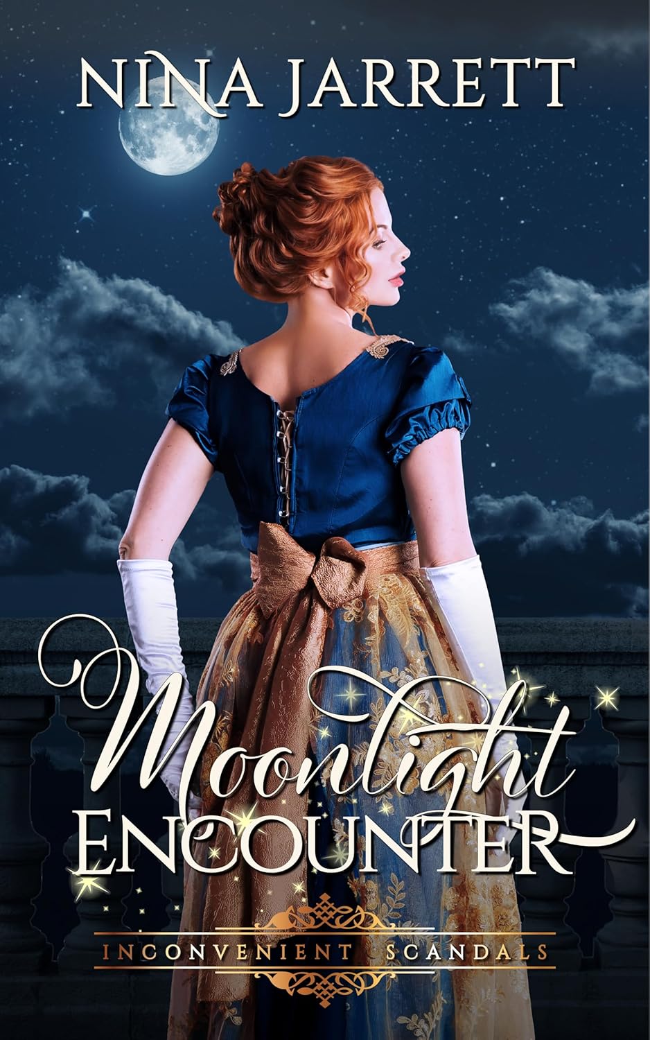 Nina Jarrett Moonlight Encounter paperback novel front view featuring historical blue and gold ballgown artwork.